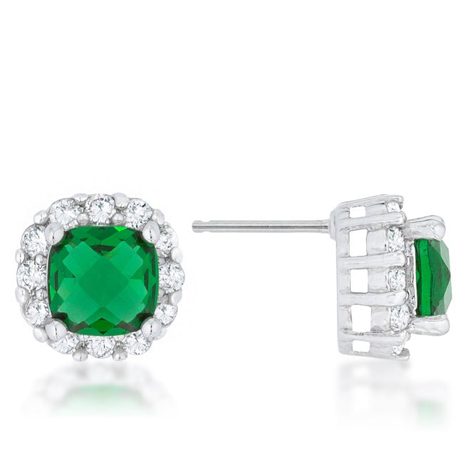 Liz 2ct Emerald CZ Rhodium Classic Cushion Stud Earrings - LinkagejewelrydesignLinkagejewelrydesign