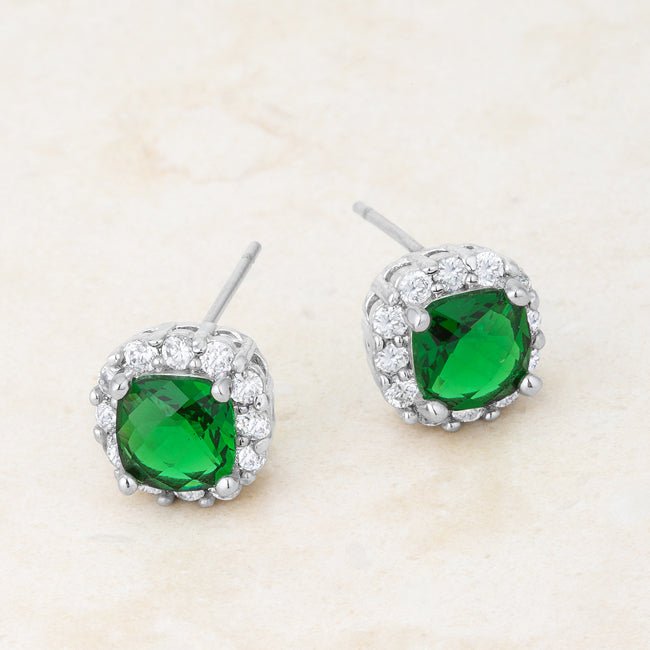 Liz 2ct Emerald CZ Rhodium Classic Cushion Stud Earrings - LinkagejewelrydesignLinkagejewelrydesign