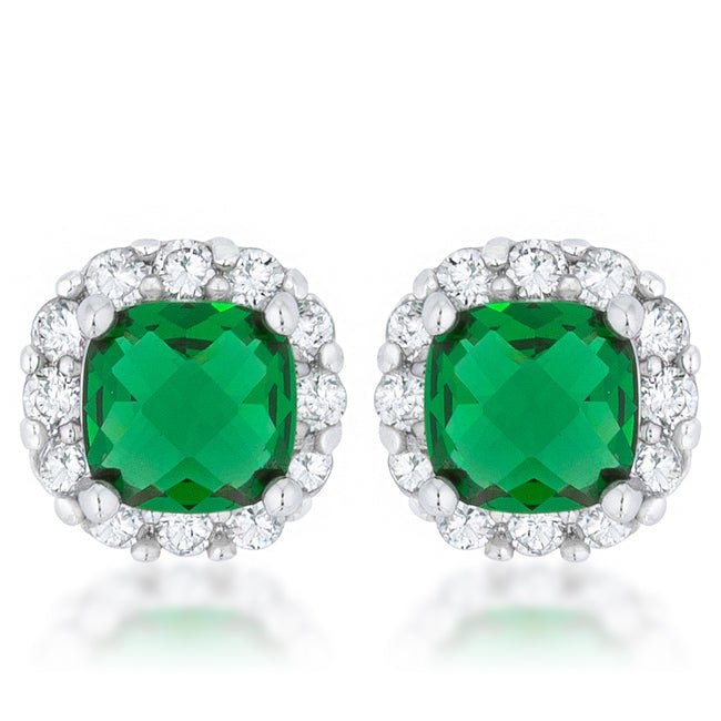 Liz 2ct Emerald CZ Rhodium Classic Cushion Stud Earrings - LinkagejewelrydesignLinkagejewelrydesign