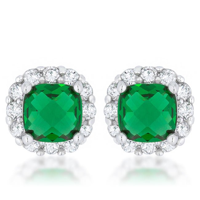 Liz 2ct Emerald CZ Rhodium Classic Cushion Stud Earrings - LinkagejewelrydesignLinkagejewelrydesign