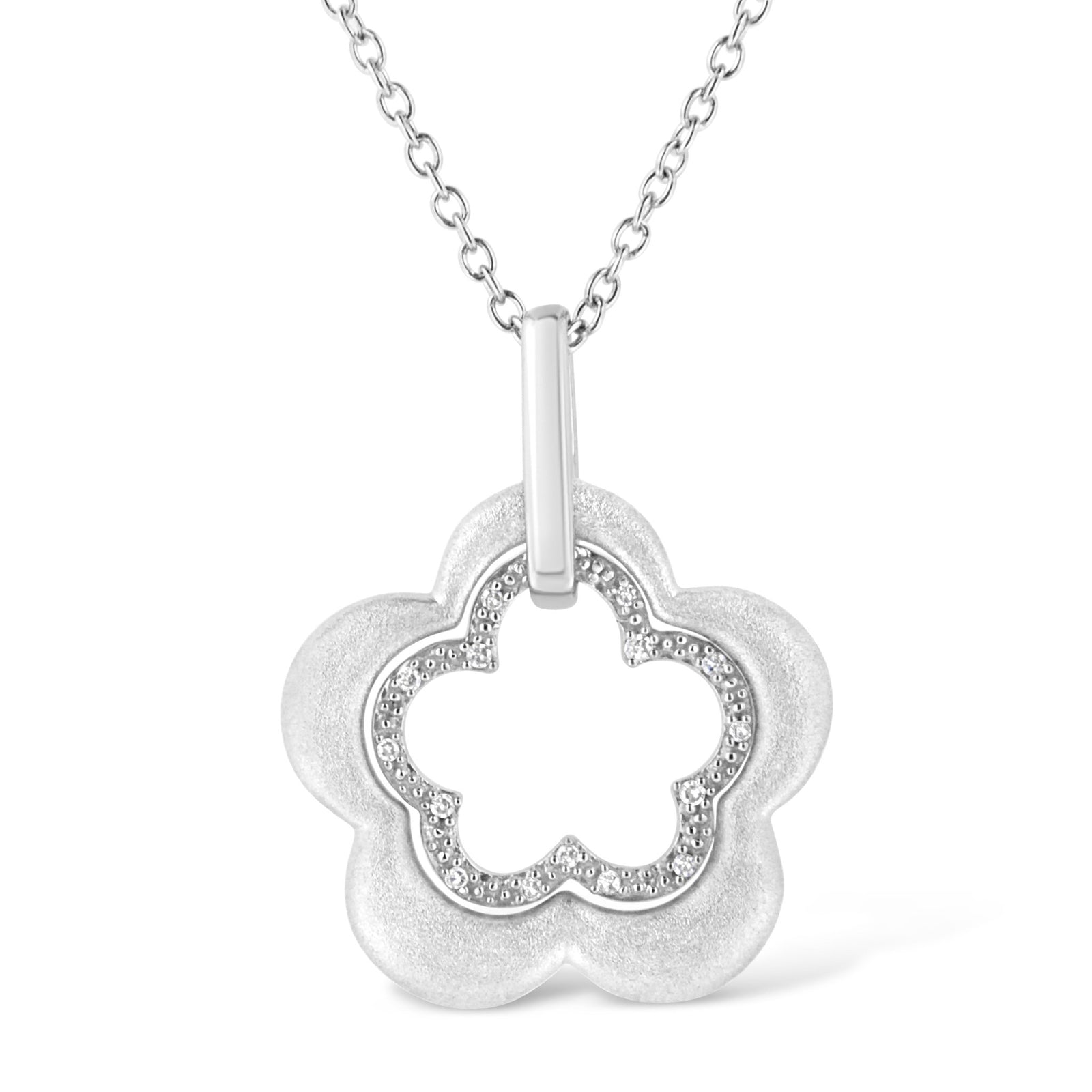 Matte Finished .925 Sterling Silver Diamond Accent Double Flower Shape 18" Satin Finished Pendant Necklace (I-J Color, I1-I2 Clarity) - LinkagejewelrydesignLinkagejewelrydesign