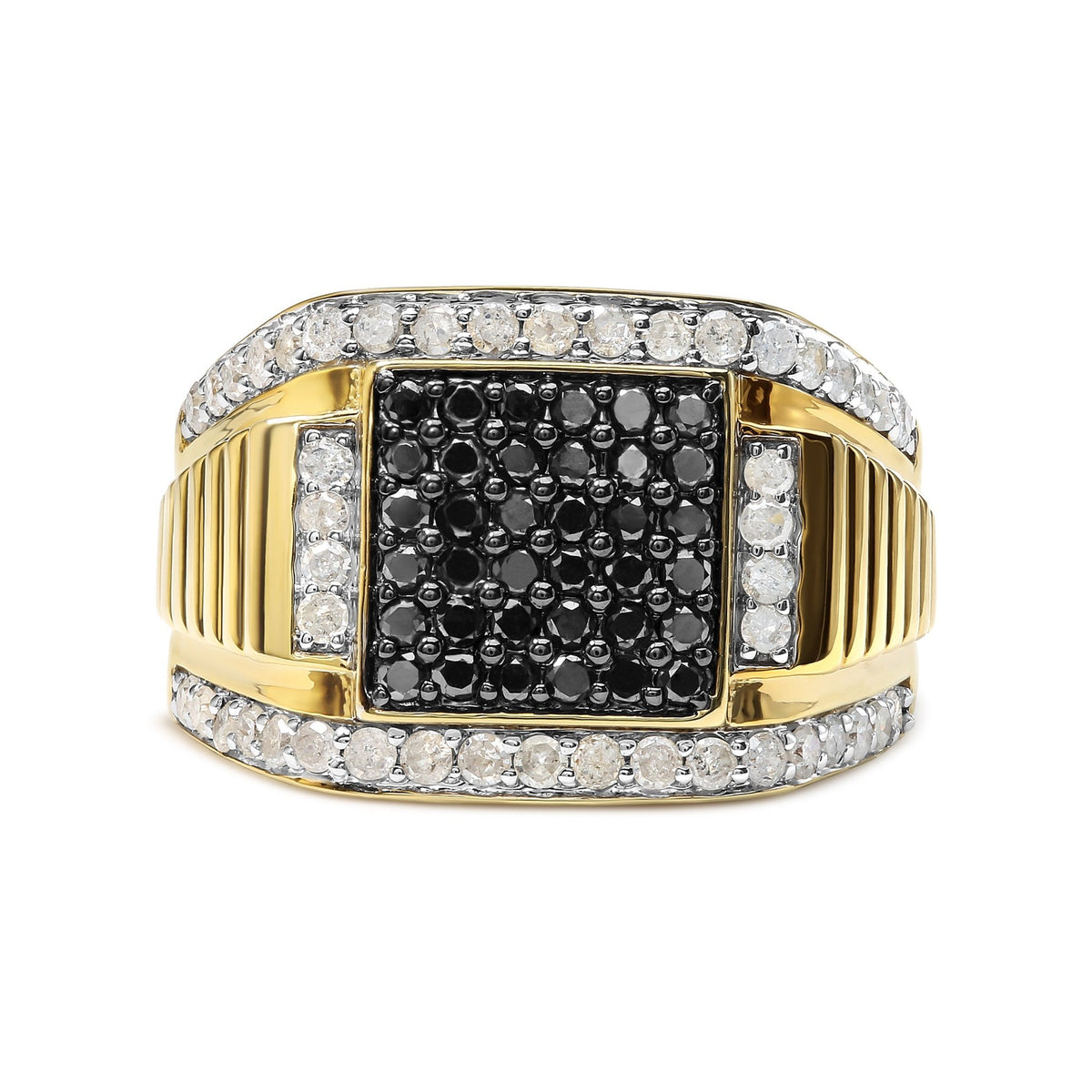 Men's 10K Yellow Gold 1 1/2 Cttw White and Black Treated Diamond Cluster Ring (Black / I - J Color, I2 - I3 Clarity) - Size 10 - LinkagejewelrydesignLinkagejewelrydesign