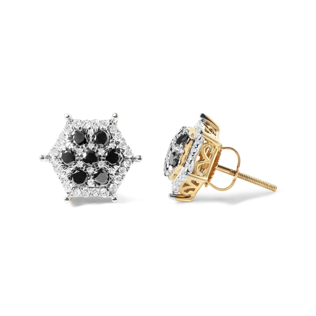 Men&#39;s 10K Yellow Gold 7/8 Cttw Black Diamond Hexagon and Pinwheel Halo Stud Earring (I-J Color, I2-I3 Clarity) - LinkagejewelrydesignLinkagejewelrydesign