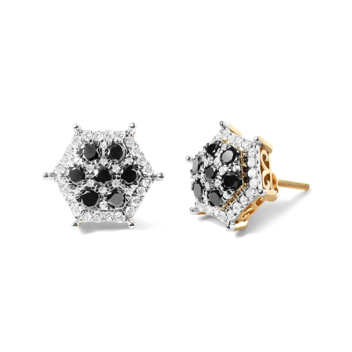 Men&#39;s 10K Yellow Gold 7/8 Cttw Black Diamond Hexagon and Pinwheel Halo Stud Earring (I-J Color, I2-I3 Clarity) - LinkagejewelrydesignLinkagejewelrydesign
