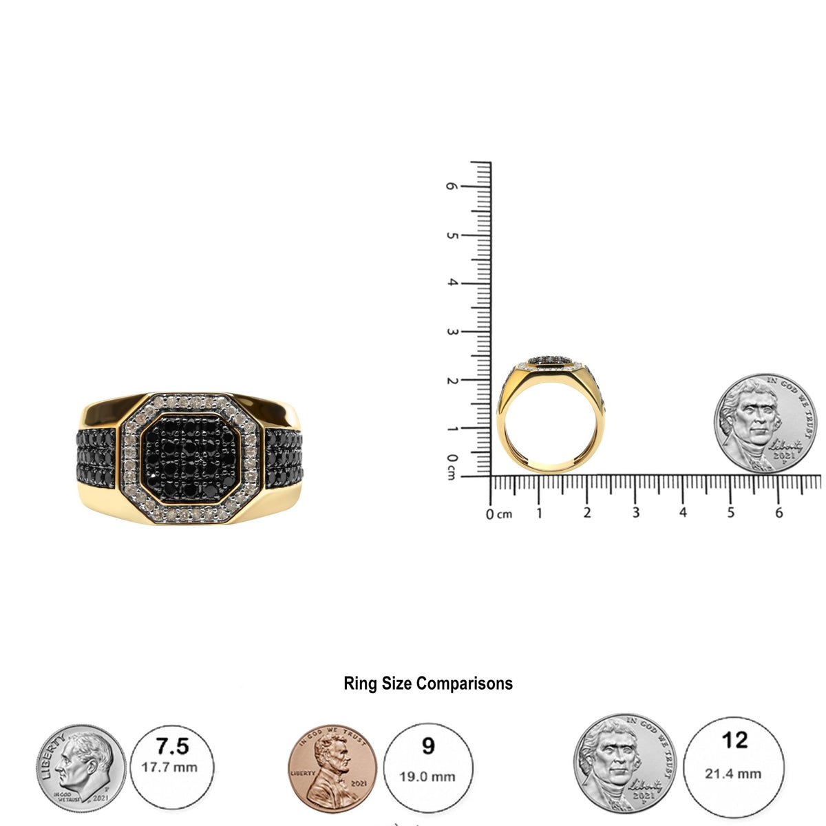 Men&#39;s 14K Yellow Gold Plated .925 Sterling Silver 1 1/4 Cttw White and Black Diamond Signet Style Band Ring (Black / I-J Color, I2-I3 Clarity) - Size 10 - LinkagejewelrydesignLinkagejewelrydesign
