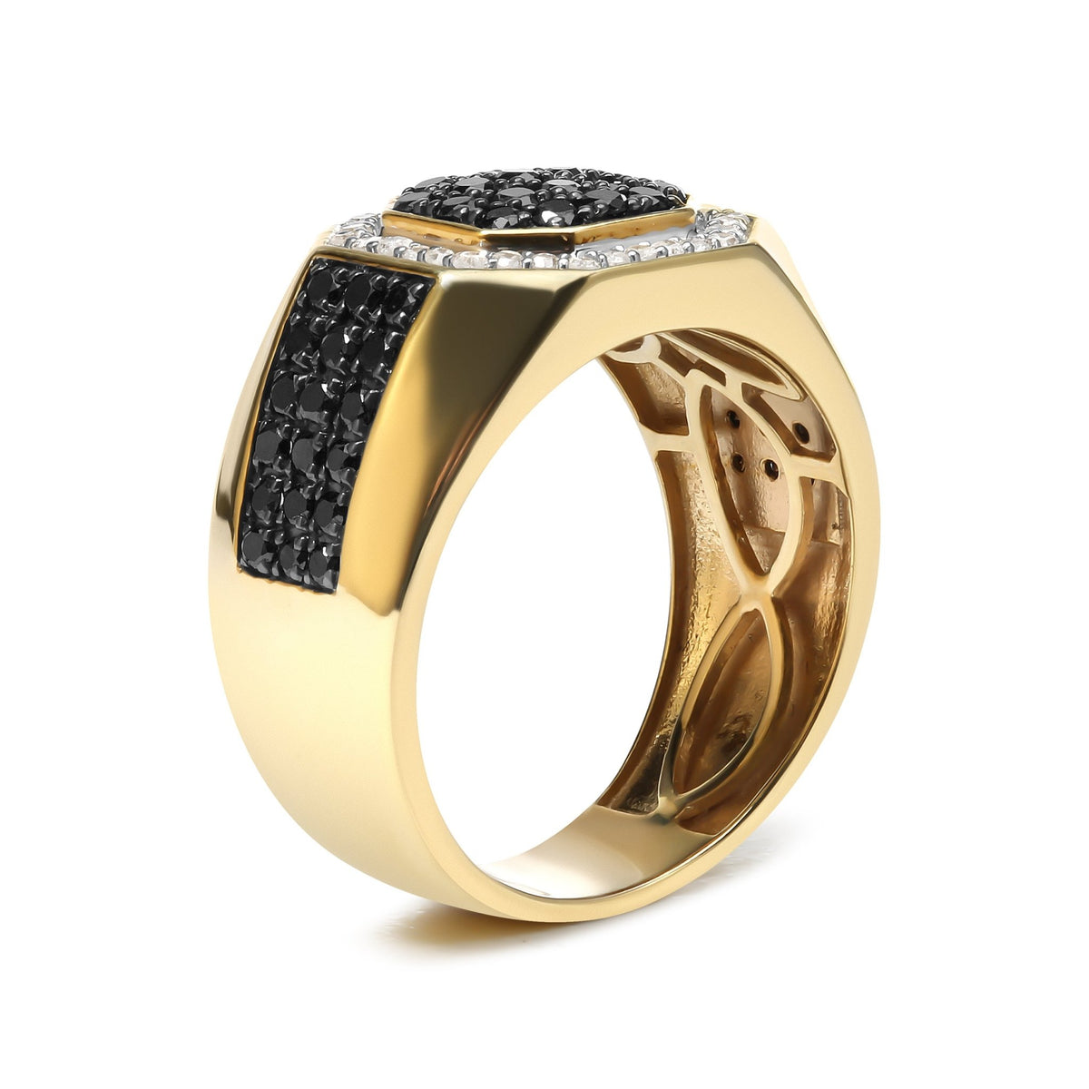 Men&#39;s 14K Yellow Gold Plated .925 Sterling Silver 1 1/4 Cttw White and Black Diamond Signet Style Band Ring (Black / I-J Color, I2-I3 Clarity) - Size 10 - LinkagejewelrydesignLinkagejewelrydesign