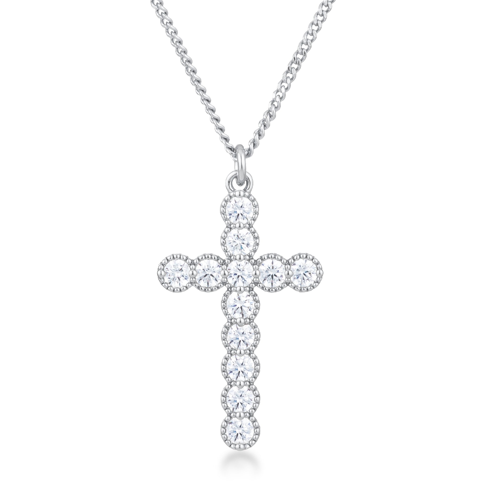 Micro Beaded Rhodium Plated Clear CZ Cross Pendant - LinkagejewelrydesignLinkagejewelrydesign