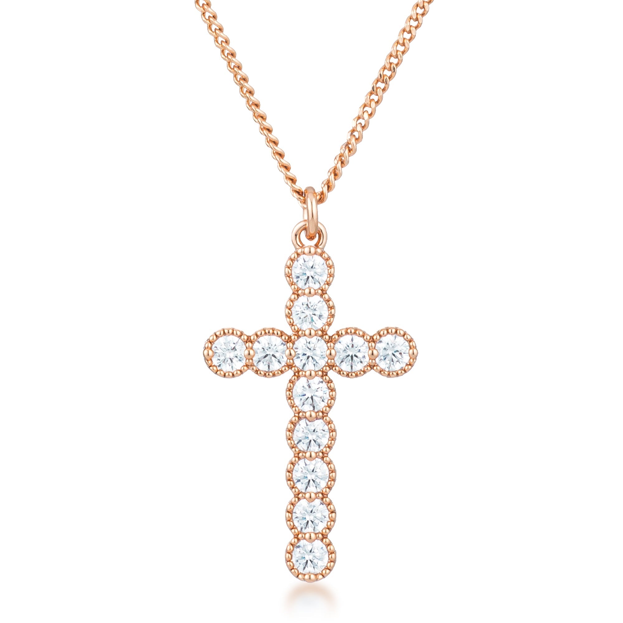 Micro Beaded Rose Gold Plated Clear CZ Cross Pendant - LinkagejewelrydesignLinkagejewelrydesign