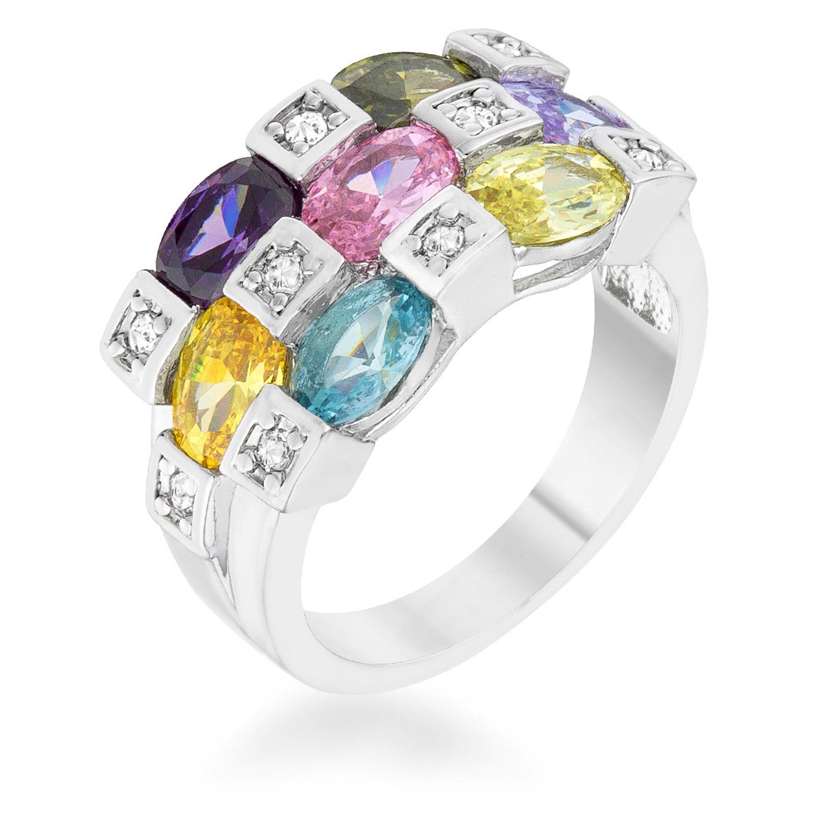 Mina 3.1ct Multicolor CZ Rhodium Cocktail Ring, <b>Size 5</b> - LinkagejewelrydesignLinkagejewelrydesign