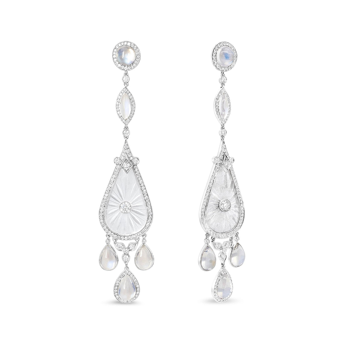 Platinum 1 5/8 Cttw Round Diamond, Moon Stone, and Hand-Carved Rock Crystal Dangle Drop Earrings (VVS2-VS1 Clarity, F-G Color) - LinkagejewelrydesignLinkagejewelrydesign