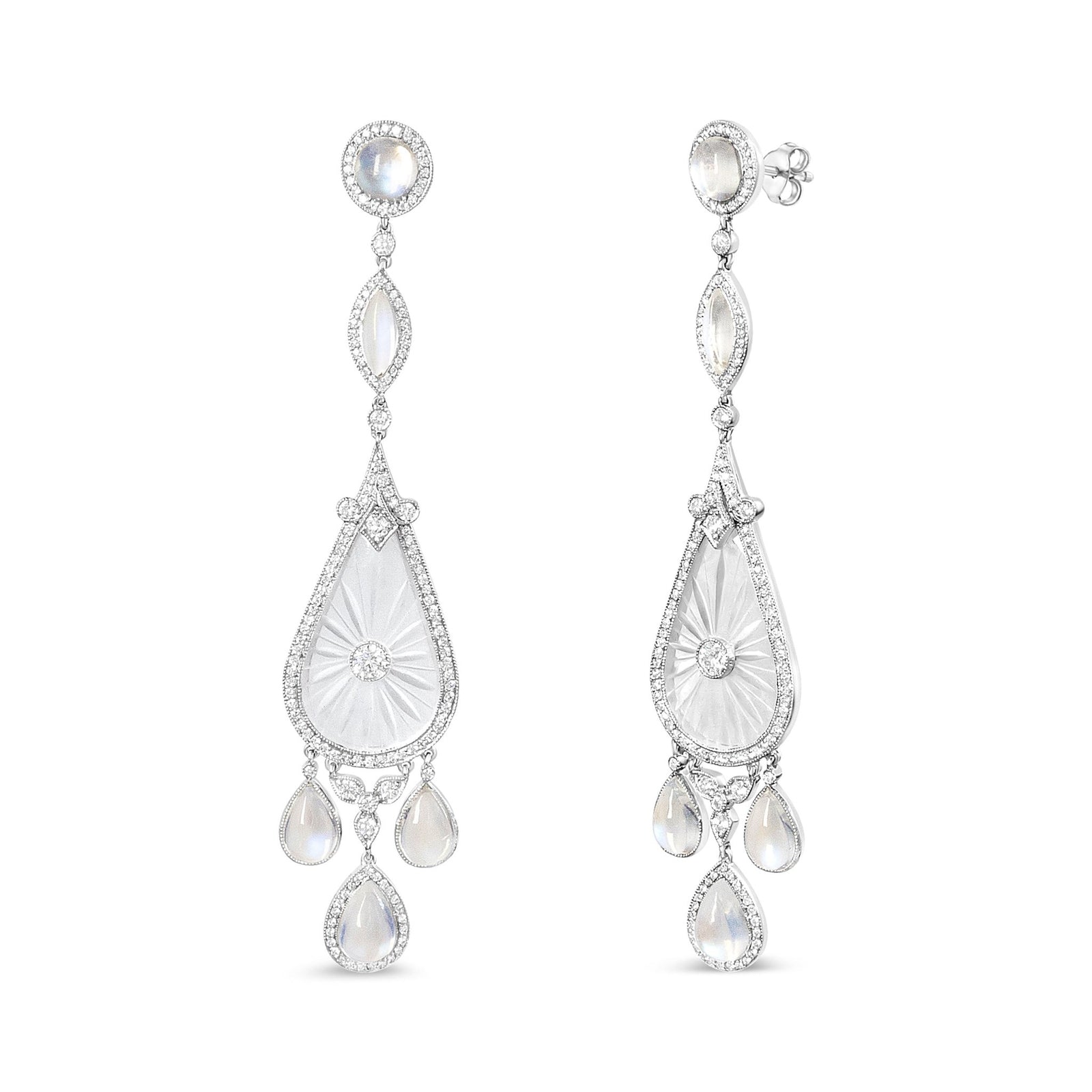 Platinum 1 5/8 Cttw Round Diamond, Moon Stone, and Hand-Carved Rock Crystal Dangle Drop Earrings (VVS2-VS1 Clarity, F-G Color) - LinkagejewelrydesignLinkagejewelrydesign