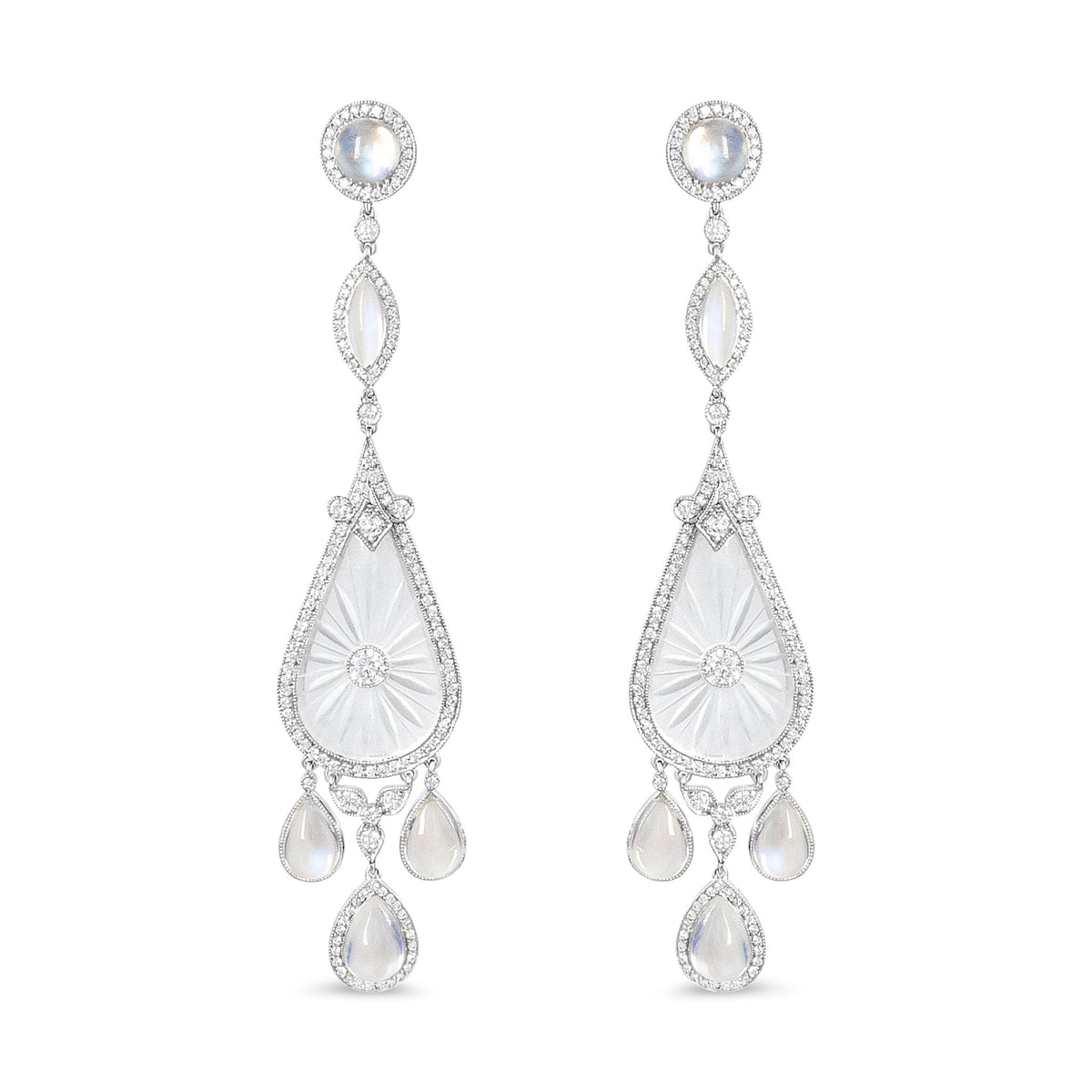 Platinum 1 5/8 Cttw Round Diamond, Moon Stone, and Hand-Carved Rock Crystal Dangle Drop Earrings (VVS2-VS1 Clarity, F-G Color) - LinkagejewelrydesignLinkagejewelrydesign