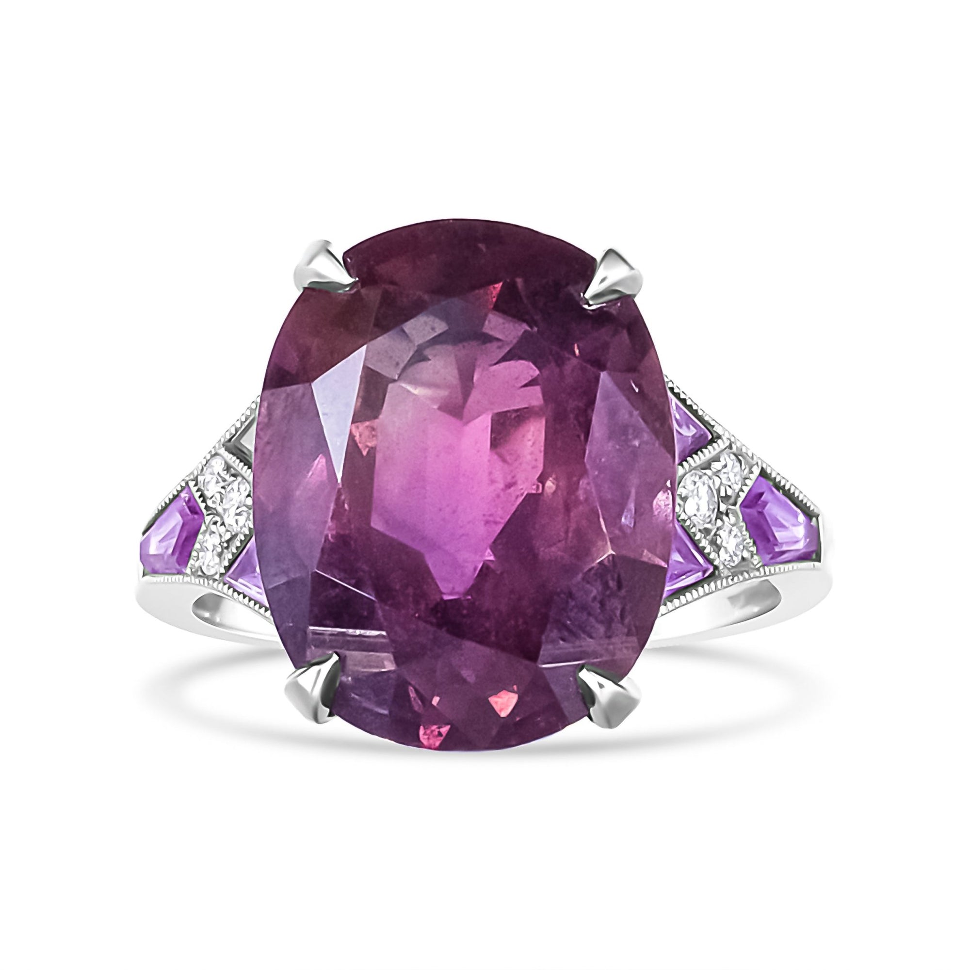 Platinum Heat-Treated Purple Trillion Sapphire and Diamond Accent Cocktail Ring (VS1-VS2 Clarity, F-G Color) - Size 7 - LinkagejewelrydesignLinkagejewelrydesign