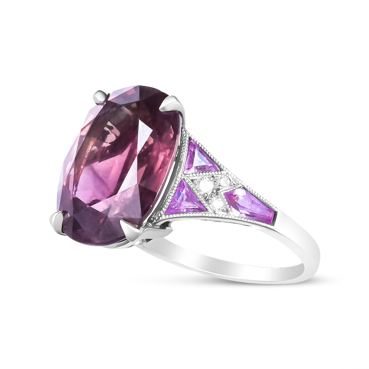 Platinum Heat-Treated Purple Trillion Sapphire and Diamond Accent Cocktail Ring (VS1-VS2 Clarity, F-G Color) - Size 7 - LinkagejewelrydesignLinkagejewelrydesign