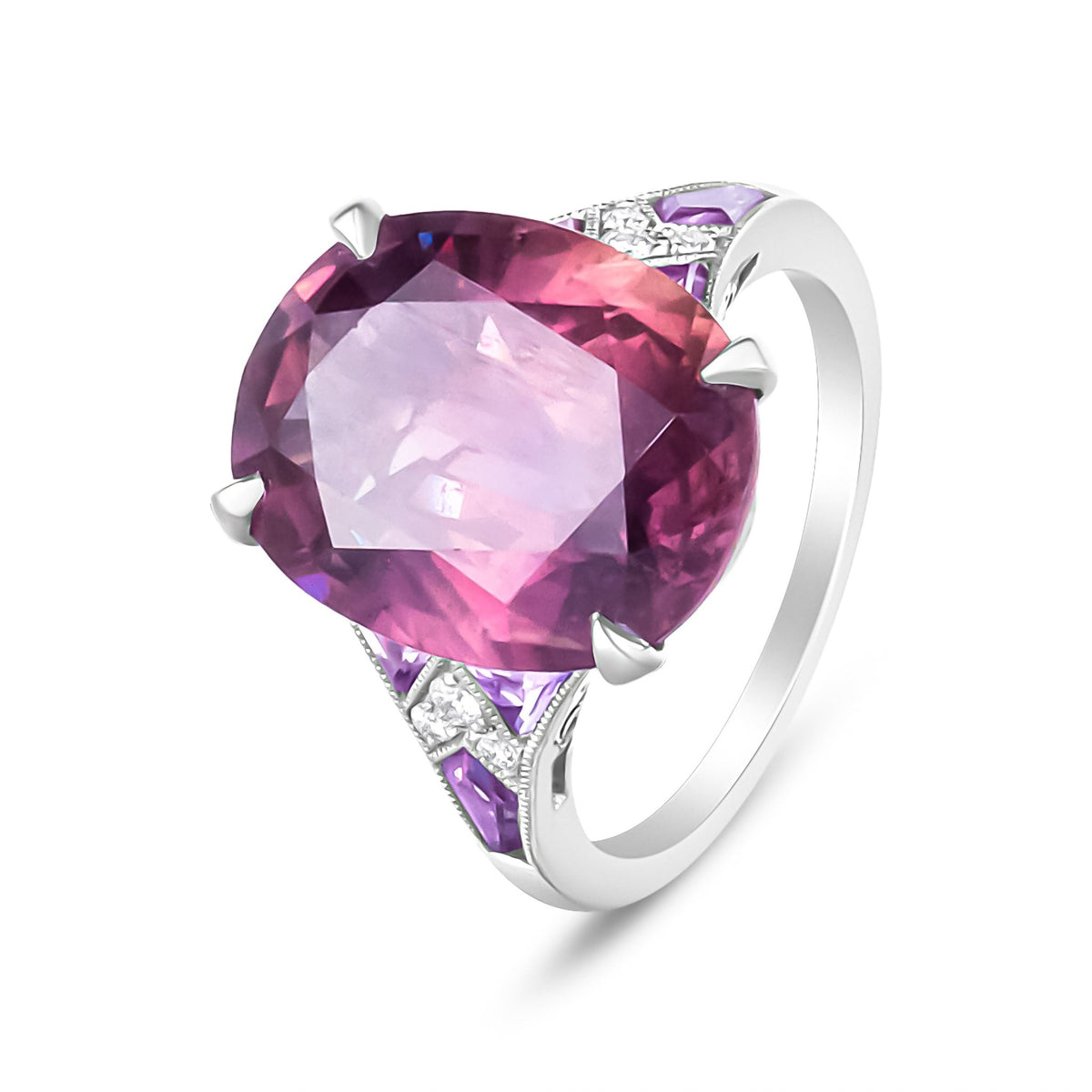 Platinum Heat-Treated Purple Trillion Sapphire and Diamond Accent Cocktail Ring (VS1-VS2 Clarity, F-G Color) - Size 7 - LinkagejewelrydesignLinkagejewelrydesign