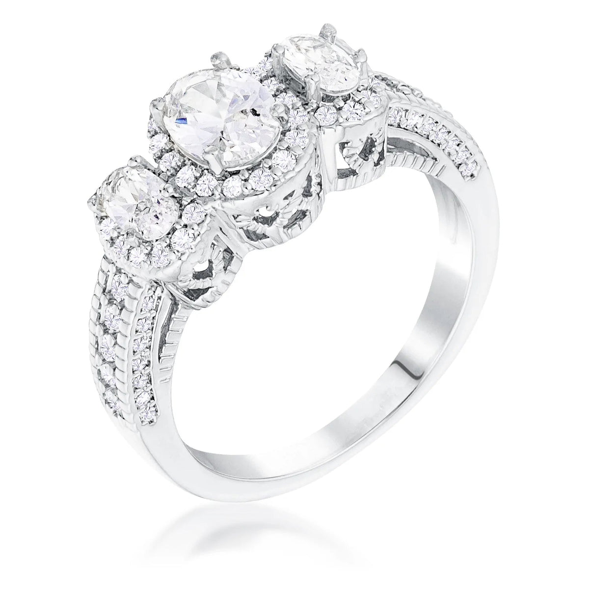 Rhodium Plated 3-Stone Clear Oval Cut CZ Halo Ring, &lt;b&gt;Size 5&lt;/b&gt; - LinkagejewelrydesignLinkagejewelrydesign