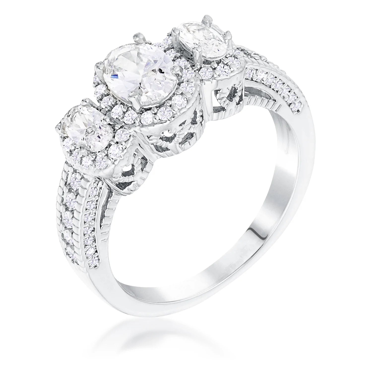 Rhodium Plated 3-Stone Clear Oval Cut CZ Halo Ring, <b>Size 5</b> - LinkagejewelrydesignLinkagejewelrydesign