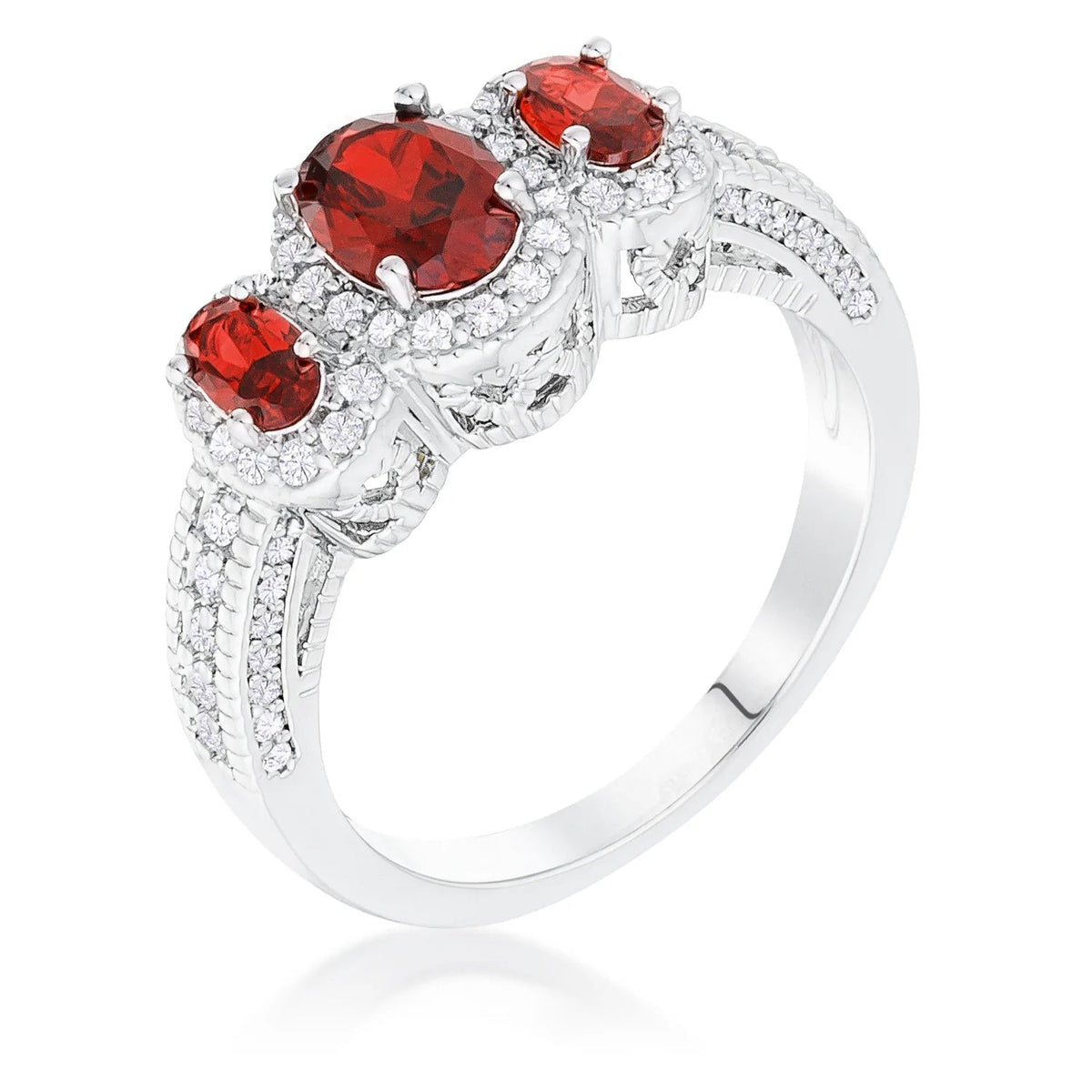 Rhodium Plated 3-Stone Garnet Oval Cut CZ Halo Ring, &lt;b&gt;Size 5&lt;/b&gt; - LinkagejewelrydesignLinkagejewelrydesign