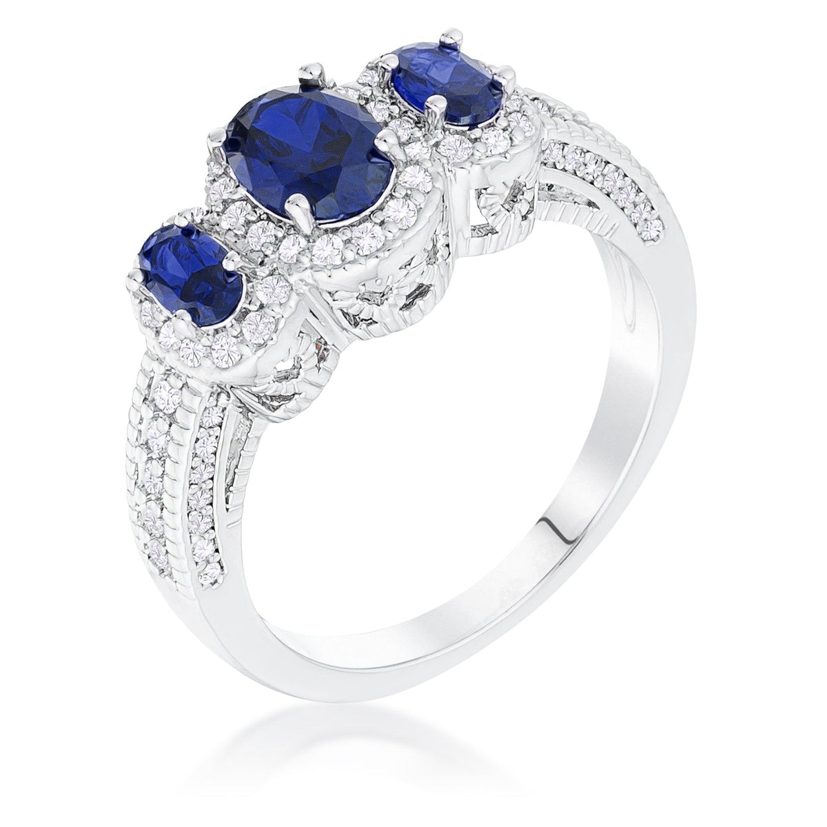 Rhodium Plated 3-Stone Sapphire Blue Oval Cut CZ Halo Ring, &lt;b&gt;Size 5&lt;/b&gt; - LinkagejewelrydesignLinkagejewelrydesign