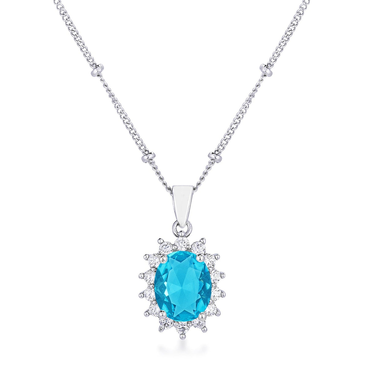 Rhodium Plated Aqua Blue Petite Royal Oval Pendant - LinkagejewelrydesignLinkagejewelrydesign