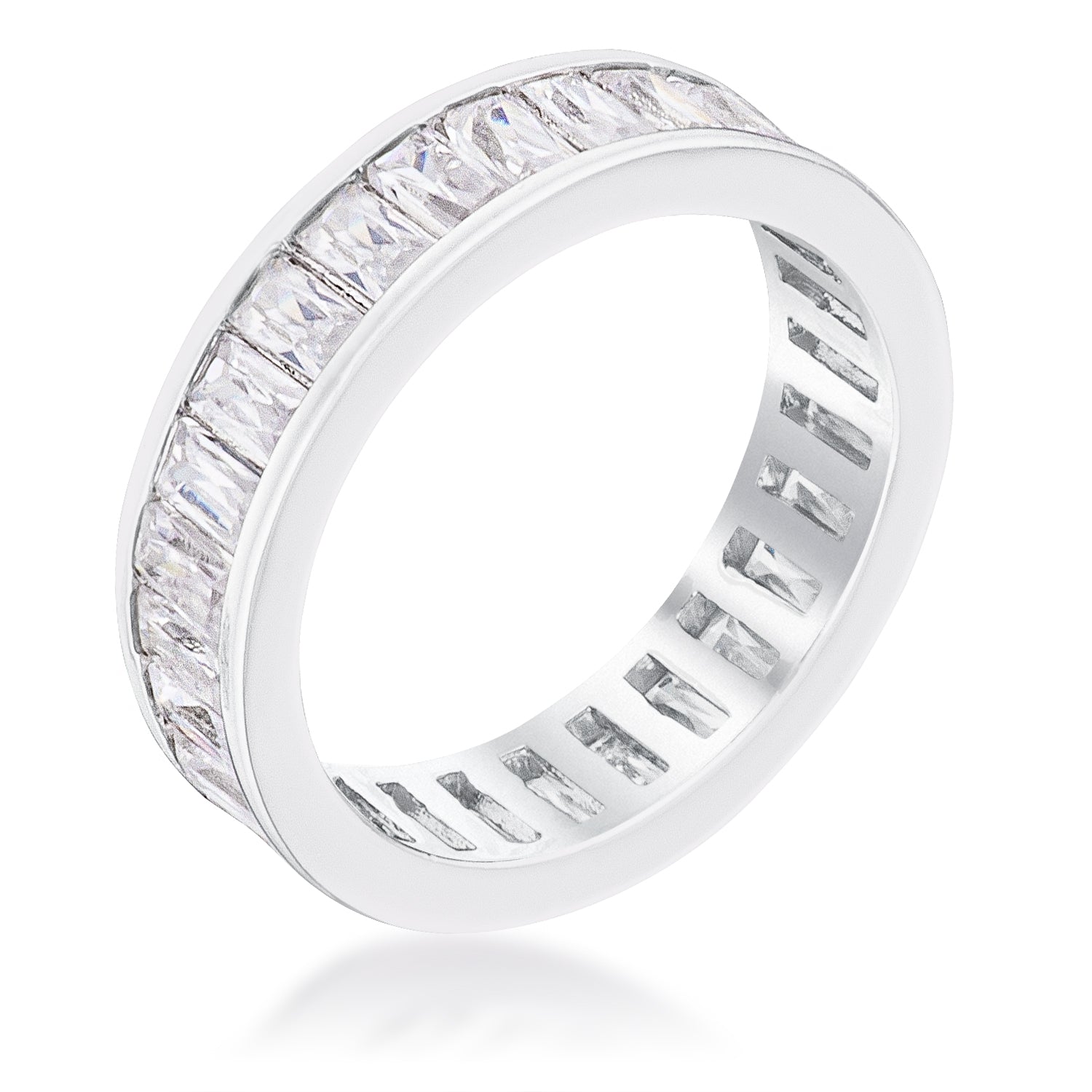 Rhodium Plated Baguette Emerald Cut Eternity Ring, <b>Size 5</b> - LinkagejewelrydesignLinkagejewelrydesign