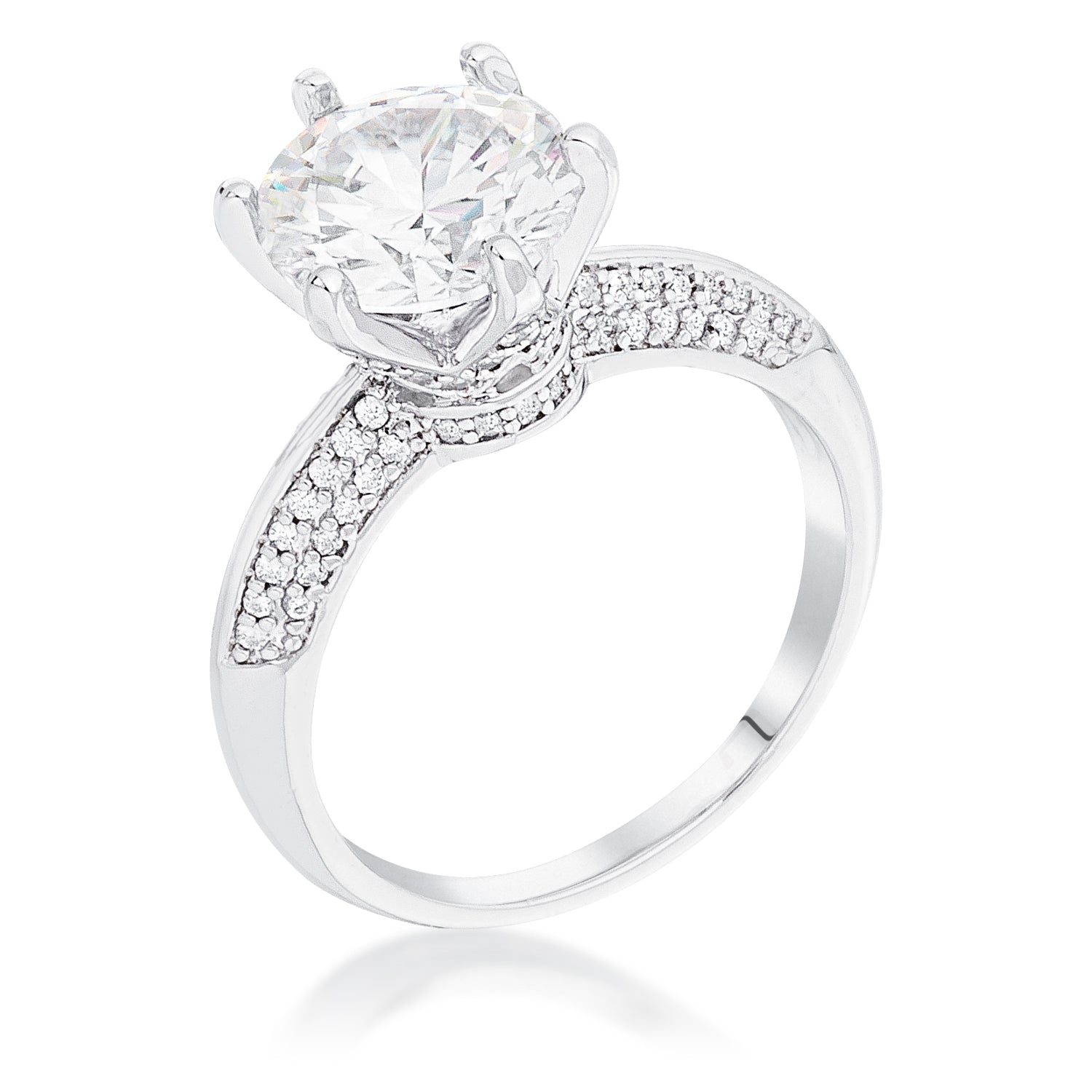 Rhodium Plated Clear CZ Round Solitaire Quad Micropave Ring, <b>Size 5</b> - LinkagejewelrydesignLinkagejewelrydesign