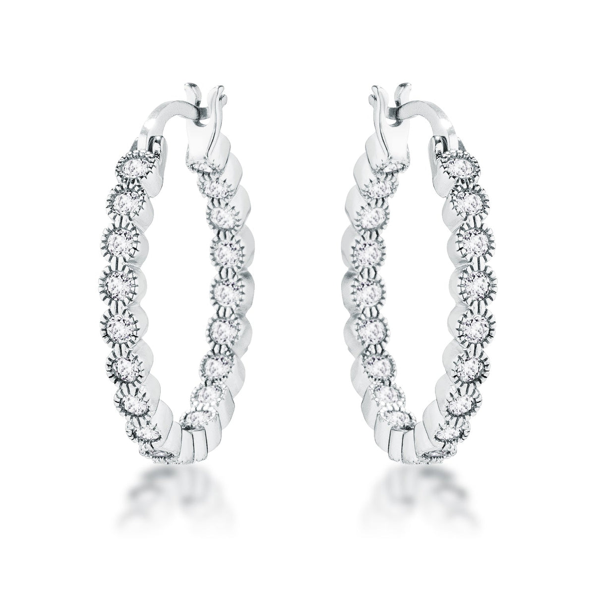 Rhodium Plated Dotted Clear CZ Round Bezel Hoop Earrings - LinkagejewelrydesignLinkagejewelrydesign