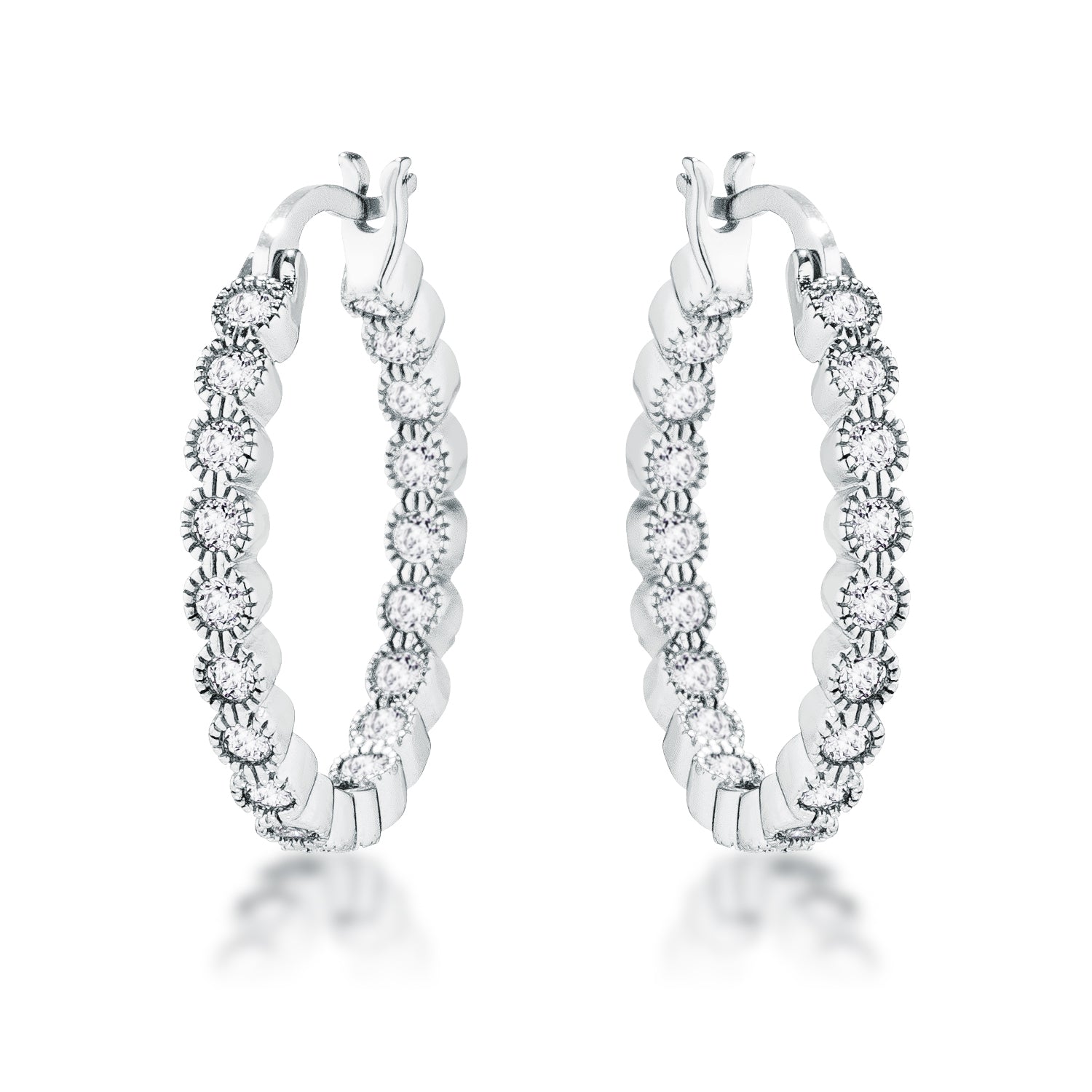 Rhodium Plated Dotted Clear CZ Round Bezel Hoop Earrings - LinkagejewelrydesignLinkagejewelrydesign