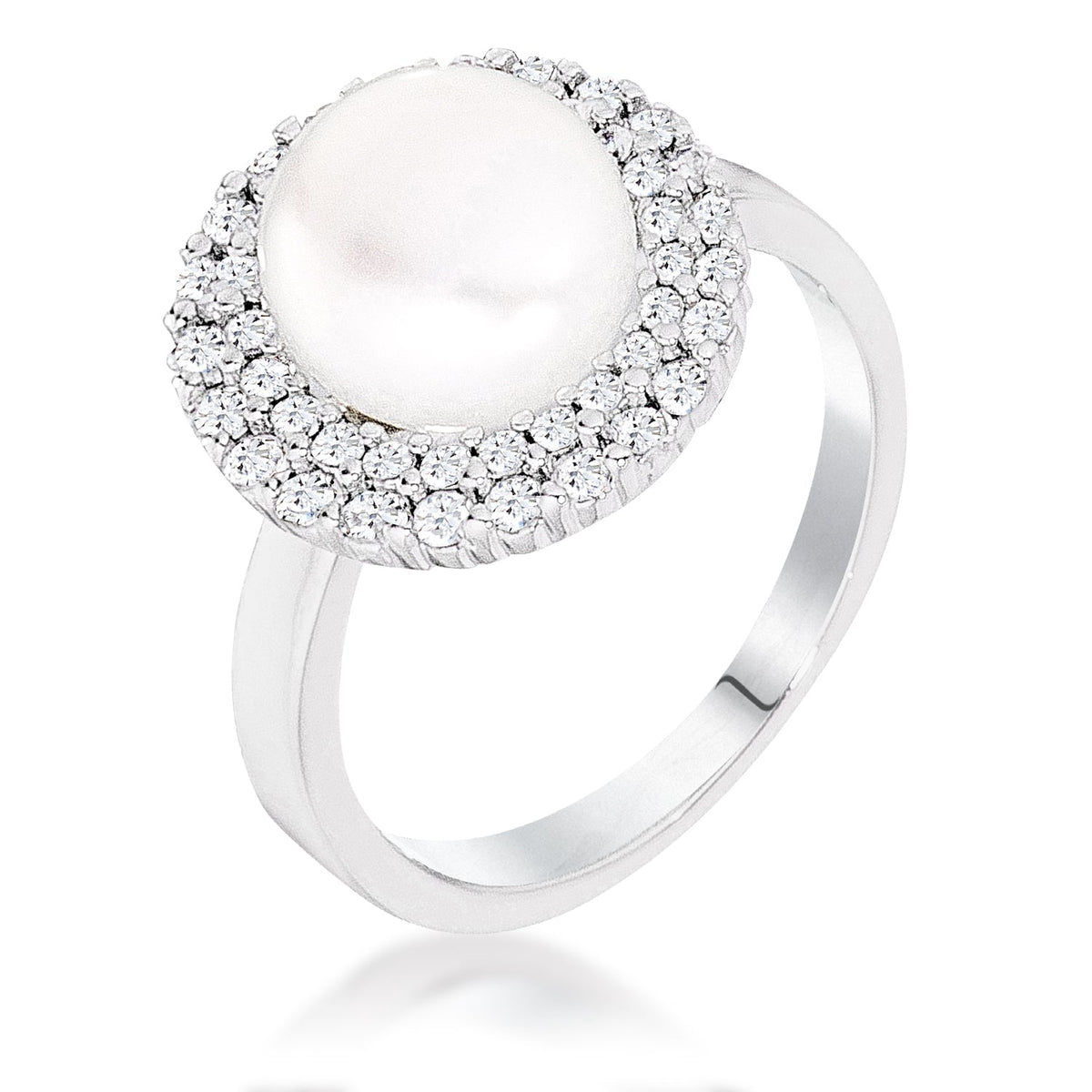 Rhodium Plated Double Halo Ethereal Pearl Cocktail Ring, &lt;b&gt;Size 5&lt;/b&gt; - LinkagejewelrydesignLinkagejewelrydesign