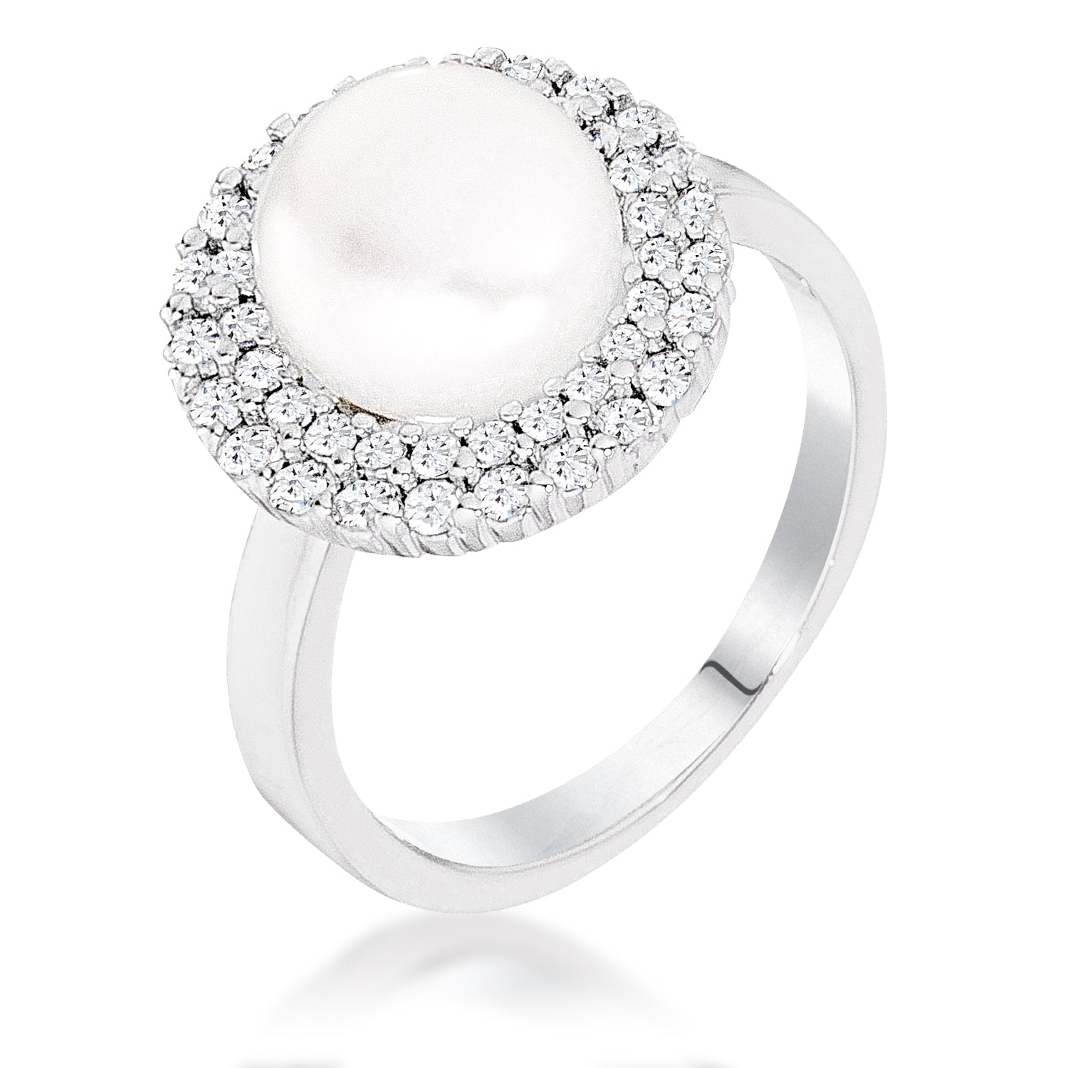 Rhodium Plated Double Halo Ethereal Pearl Cocktail Ring, <b>Size 5</b> - LinkagejewelrydesignLinkagejewelrydesign