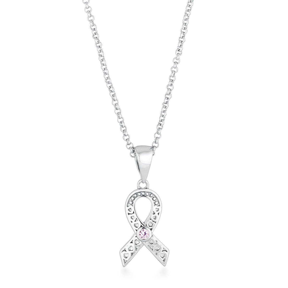 Rhodium Plated Heart Filigree Breast Cancer Awareness Ribbon Pendant - LinkagejewelrydesignLinkagejewelrydesign