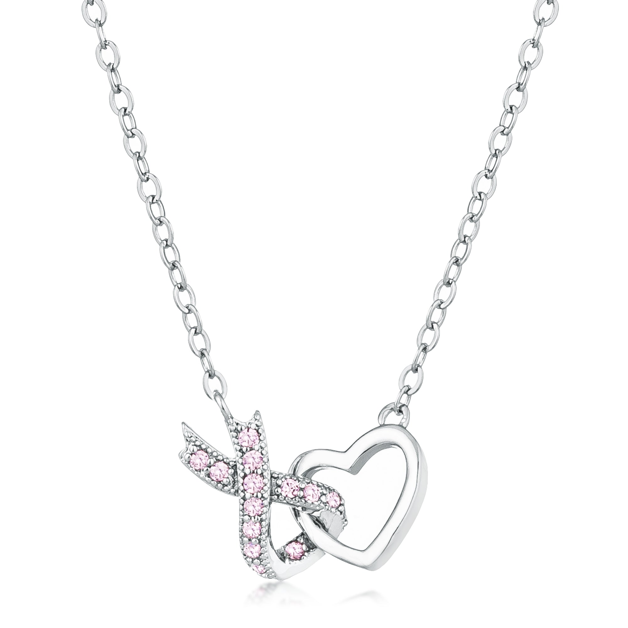 Rhodium Plated Pink CZ Interlocking Heart Ribbon Pendant - LinkagejewelrydesignLinkagejewelrydesign