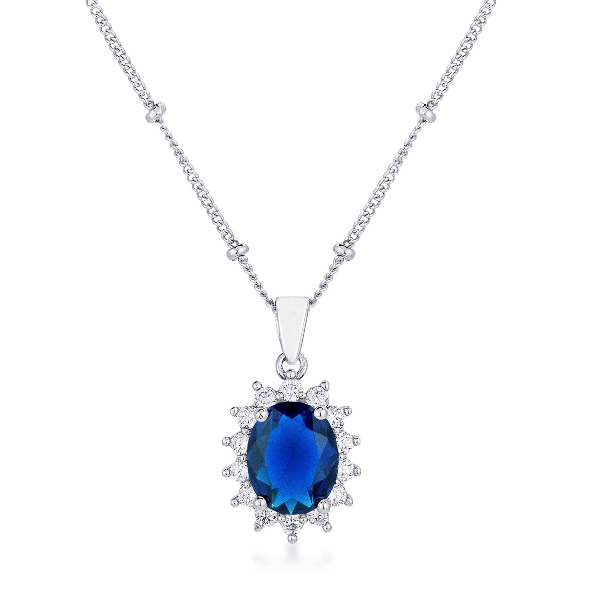 Rhodium Plated Sapphire Blue Petite Royal Oval Pendant - LinkagejewelrydesignLinkagejewelrydesign