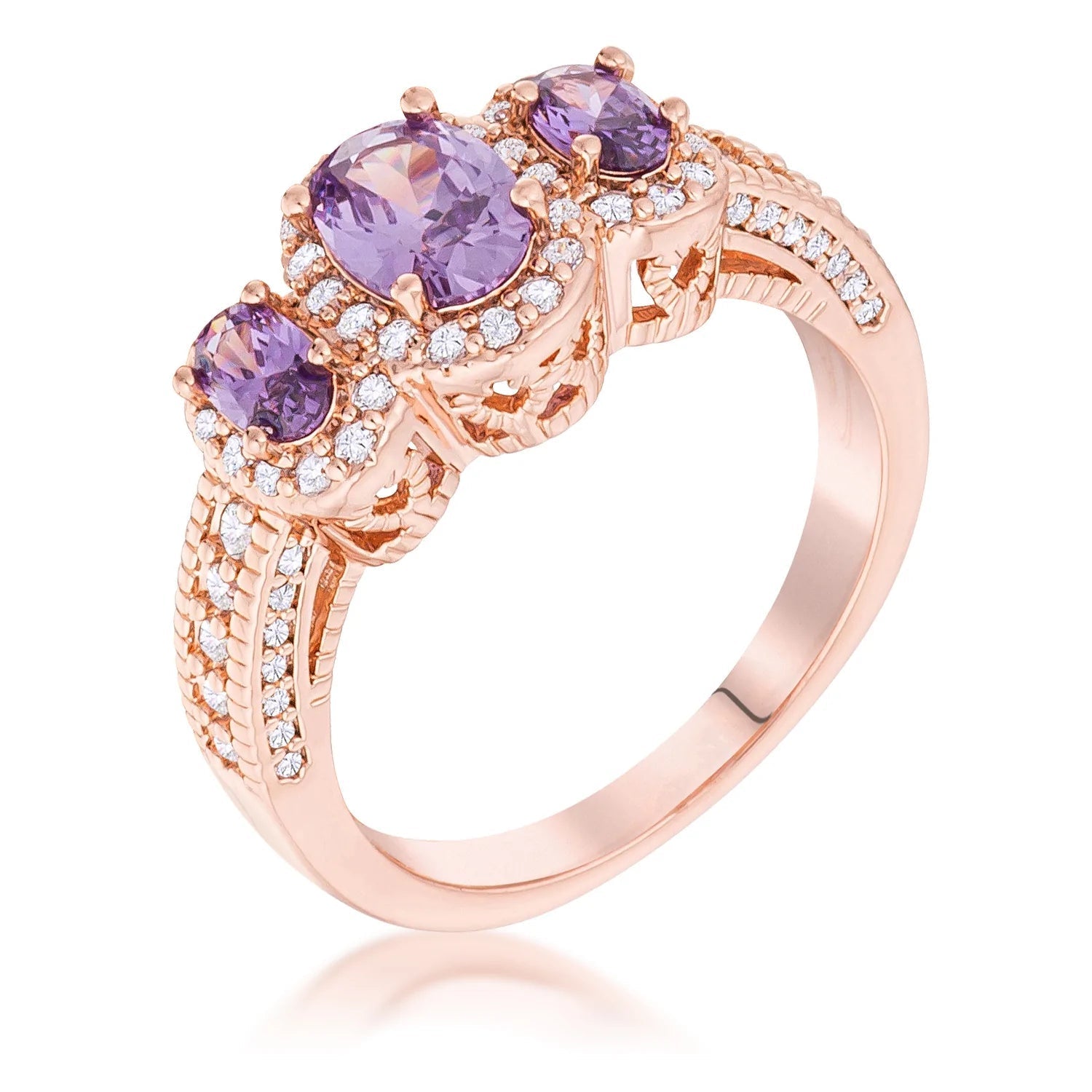Rose Gold Plated 3-Stone Amethyst Oval Cut CZ Halo Ring, <b>Size 5</b> - LinkagejewelrydesignLinkagejewelrydesign