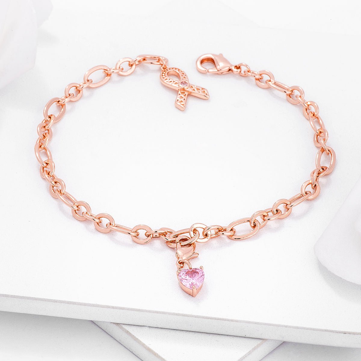 Rose Gold Plated Breast Cancer Awareness Ribbon and Heart Charm Bracelet - LinkagejewelrydesignLinkagejewelrydesign