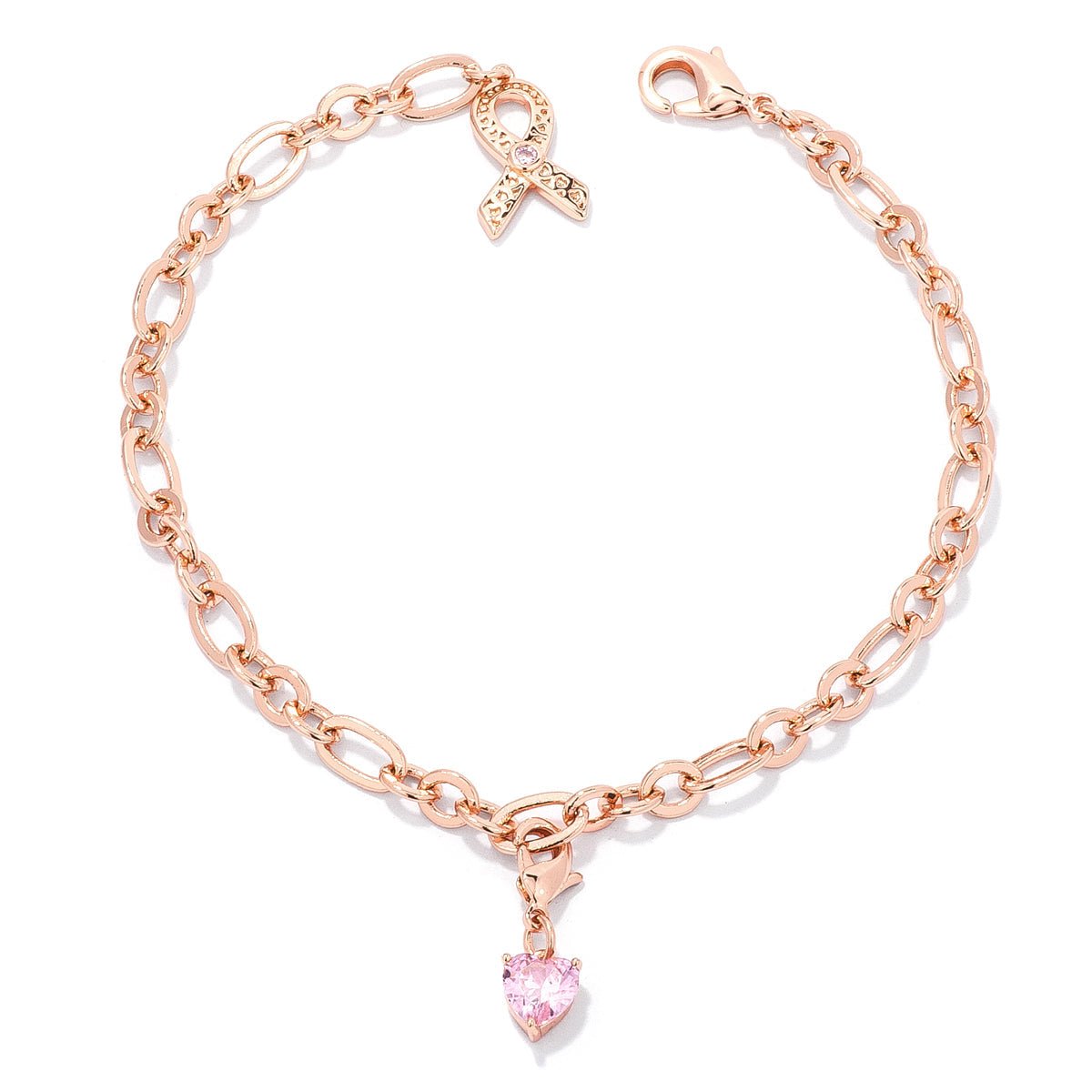 Rose Gold Plated Breast Cancer Awareness Ribbon and Heart Charm Bracelet - LinkagejewelrydesignLinkagejewelrydesign