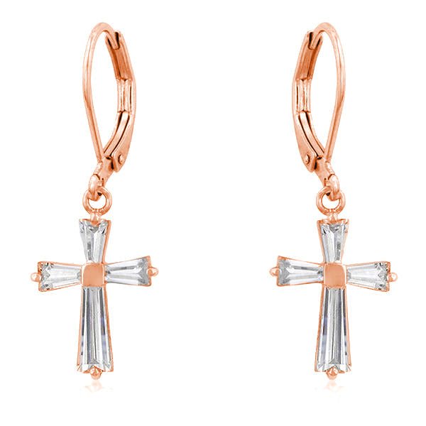 Rose Gold Plated CZ Cross Drop Earrings - LinkagejewelrydesignLinkagejewelrydesign