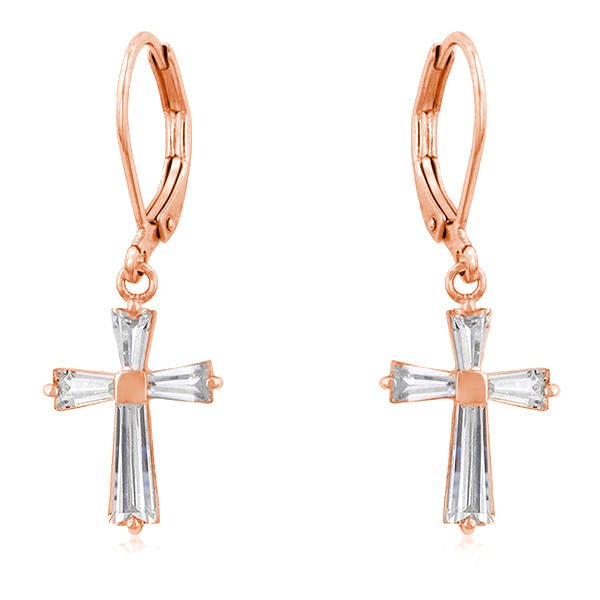 Rose Gold Plated CZ Cross Drop Earrings - LinkagejewelrydesignLinkagejewelrydesign