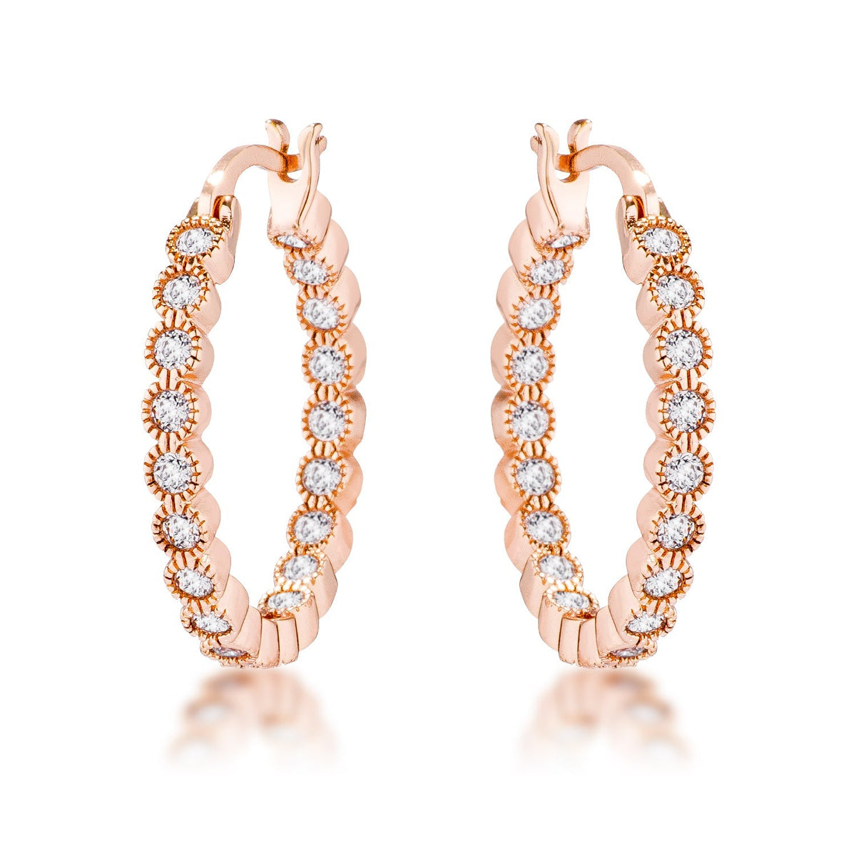 Rose Gold Plated Dotted Clear CZ Round Bezel Hoop Earrings - LinkagejewelrydesignLinkagejewelrydesign