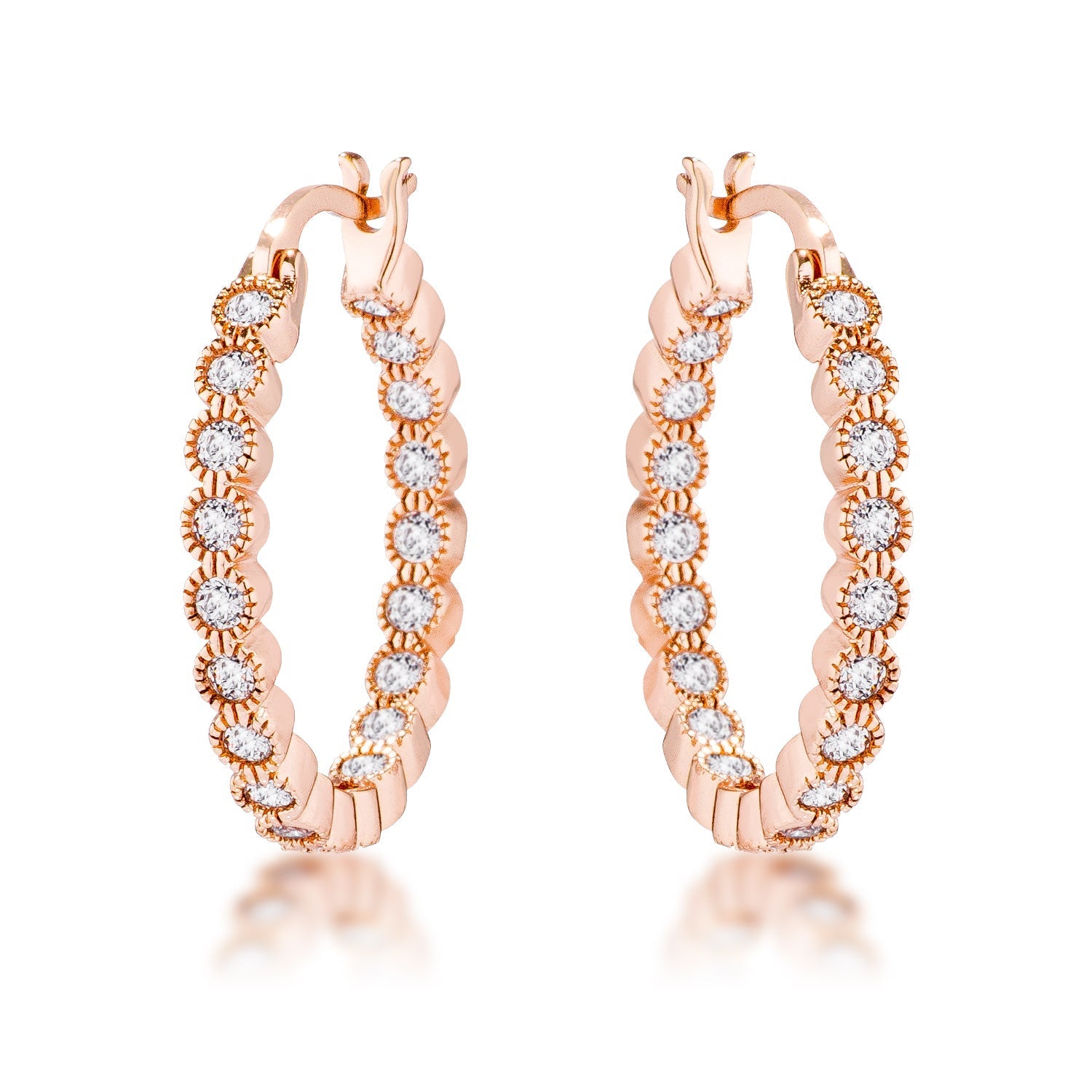 Rose Gold Plated Dotted Clear CZ Round Bezel Hoop Earrings - LinkagejewelrydesignLinkagejewelrydesign