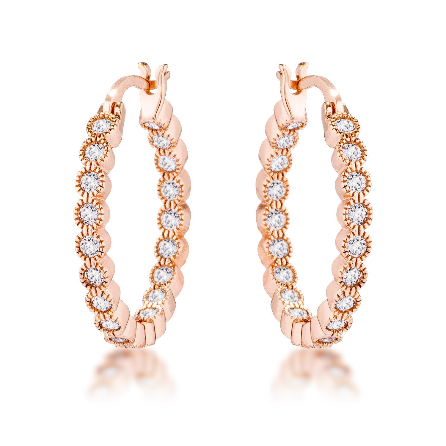 Rose Gold Plated Dotted Clear CZ Round Bezel Hoop Earrings - LinkagejewelrydesignLinkagejewelrydesign