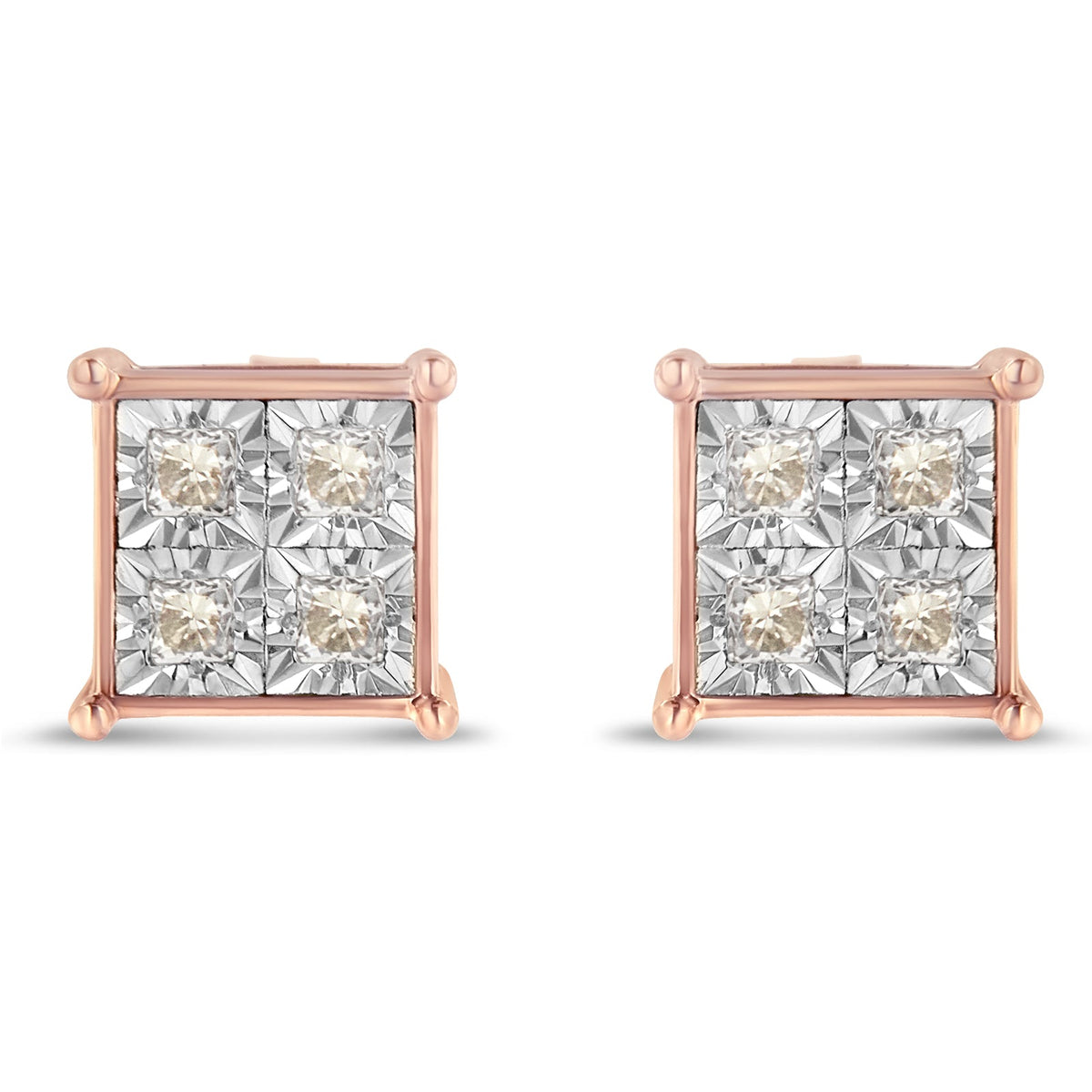 Rose Plated Sterling silver Princess Diamond Quad Stud Earrings (0.5 cttw, J-K Color, I1-I2 Clarity) - LinkagejewelrydesignLinkagejewelrydesign