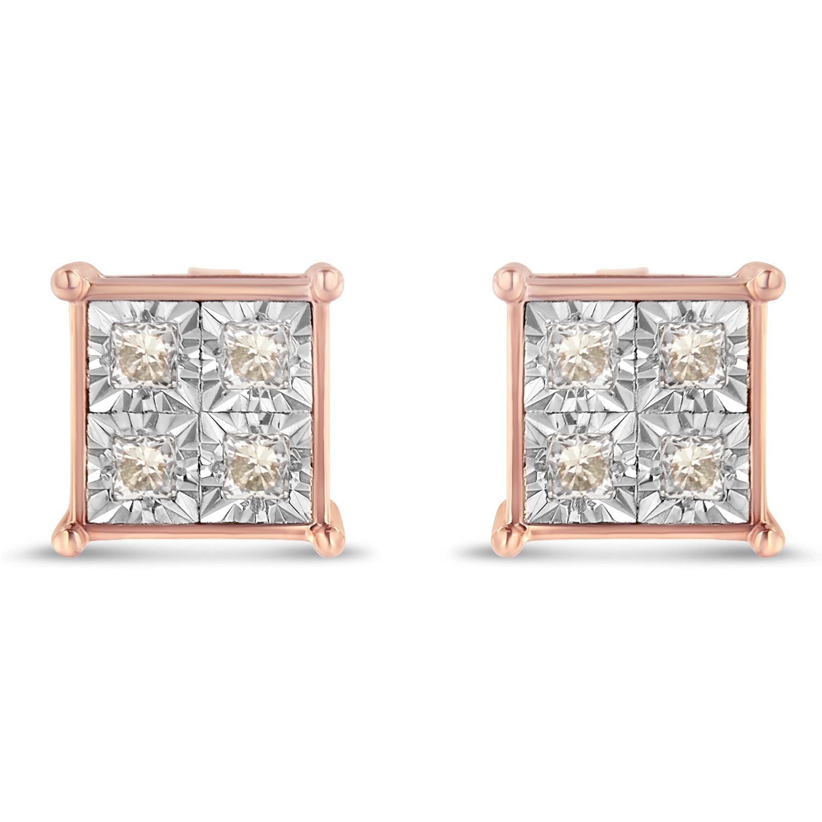 Rose Plated Sterling silver Princess Diamond Quad Stud Earrings (0.5 cttw, J-K Color, I1-I2 Clarity) - LinkagejewelrydesignLinkagejewelrydesign