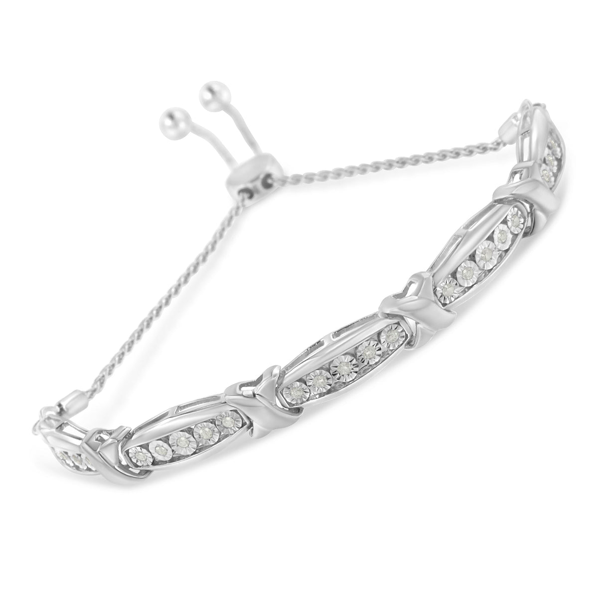 Round-Cut Diamond X &amp; Tapered Bar Miracle-Set Bolo Bracelet (I-J Color, I3 Clarity) - .925 Sterling Silver - LinkagejewelrydesignLinkagejewelrydesign