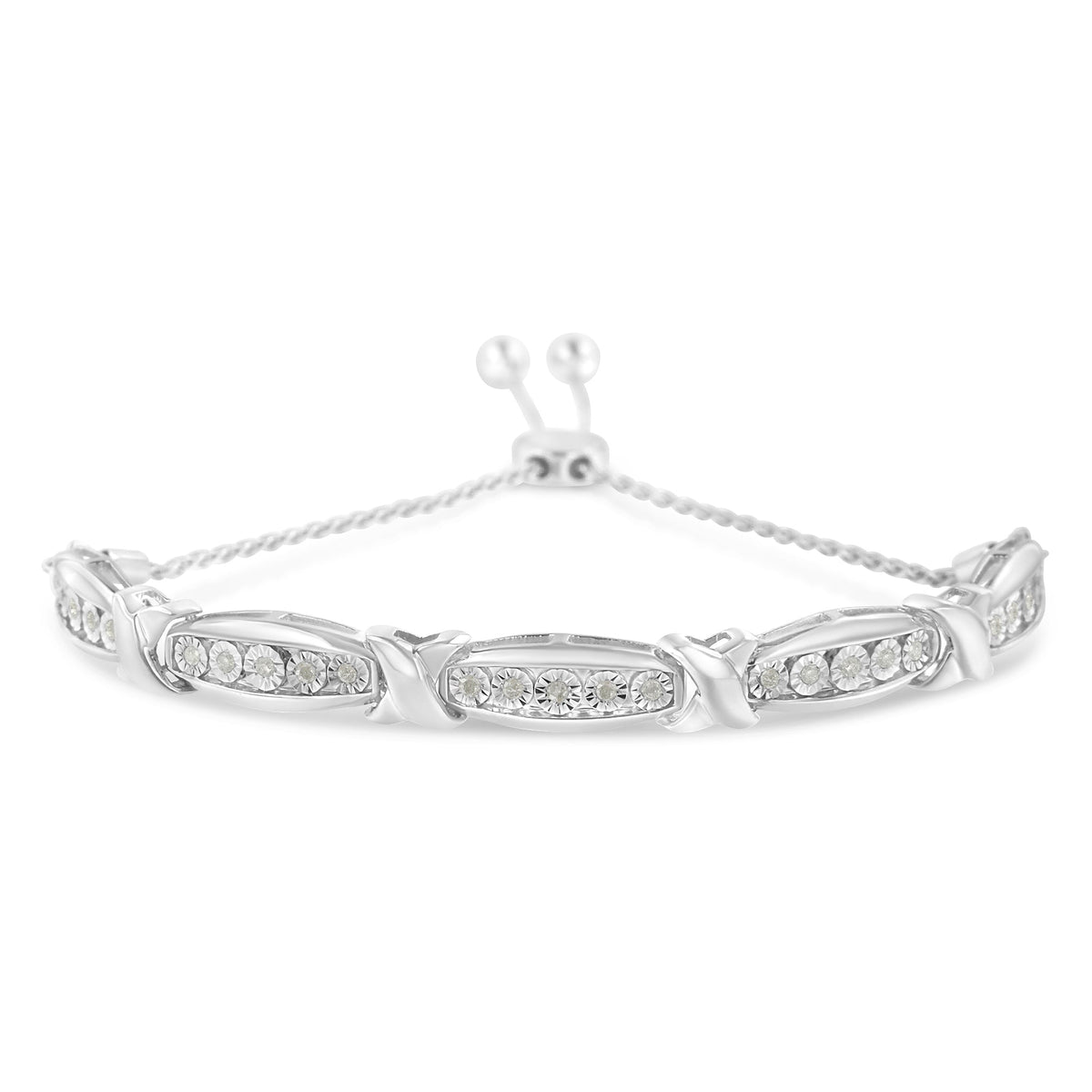 Round-Cut Diamond X &amp; Tapered Bar Miracle-Set Bolo Bracelet (I-J Color, I3 Clarity) - .925 Sterling Silver - LinkagejewelrydesignLinkagejewelrydesign