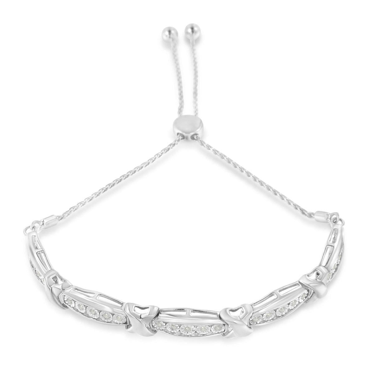 Round-Cut Diamond X &amp; Tapered Bar Miracle-Set Bolo Bracelet (I-J Color, I3 Clarity) - .925 Sterling Silver - LinkagejewelrydesignLinkagejewelrydesign