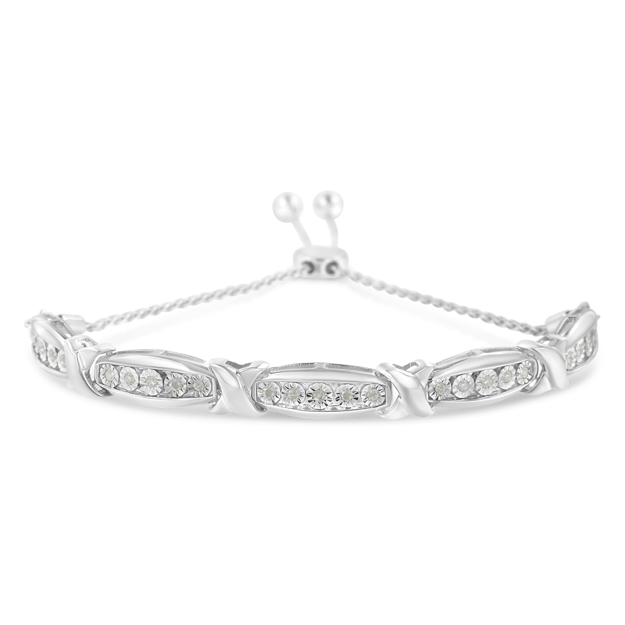 Round-Cut Diamond X & Tapered Bar Miracle-Set Bolo Bracelet (I-J Color, I3 Clarity) - .925 Sterling Silver - LinkagejewelrydesignLinkagejewelrydesign