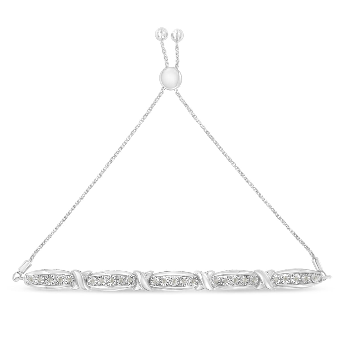 Round-Cut Diamond X &amp; Tapered Bar Miracle-Set Bolo Bracelet (I-J Color, I3 Clarity) - .925 Sterling Silver - LinkagejewelrydesignLinkagejewelrydesign