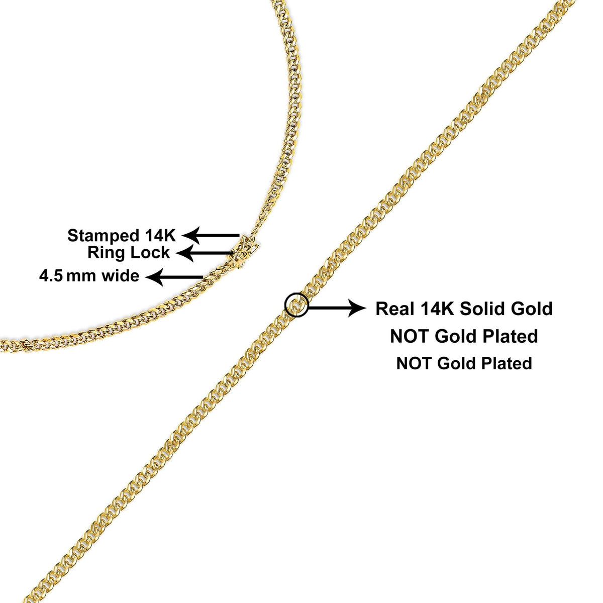 Semi-Solid 14K Yellow Gold 4.5mm Miami Cuban Chain Necklace - Unisex Chain - 22 Inches - LinkagejewelrydesignLinkagejewelrydesign