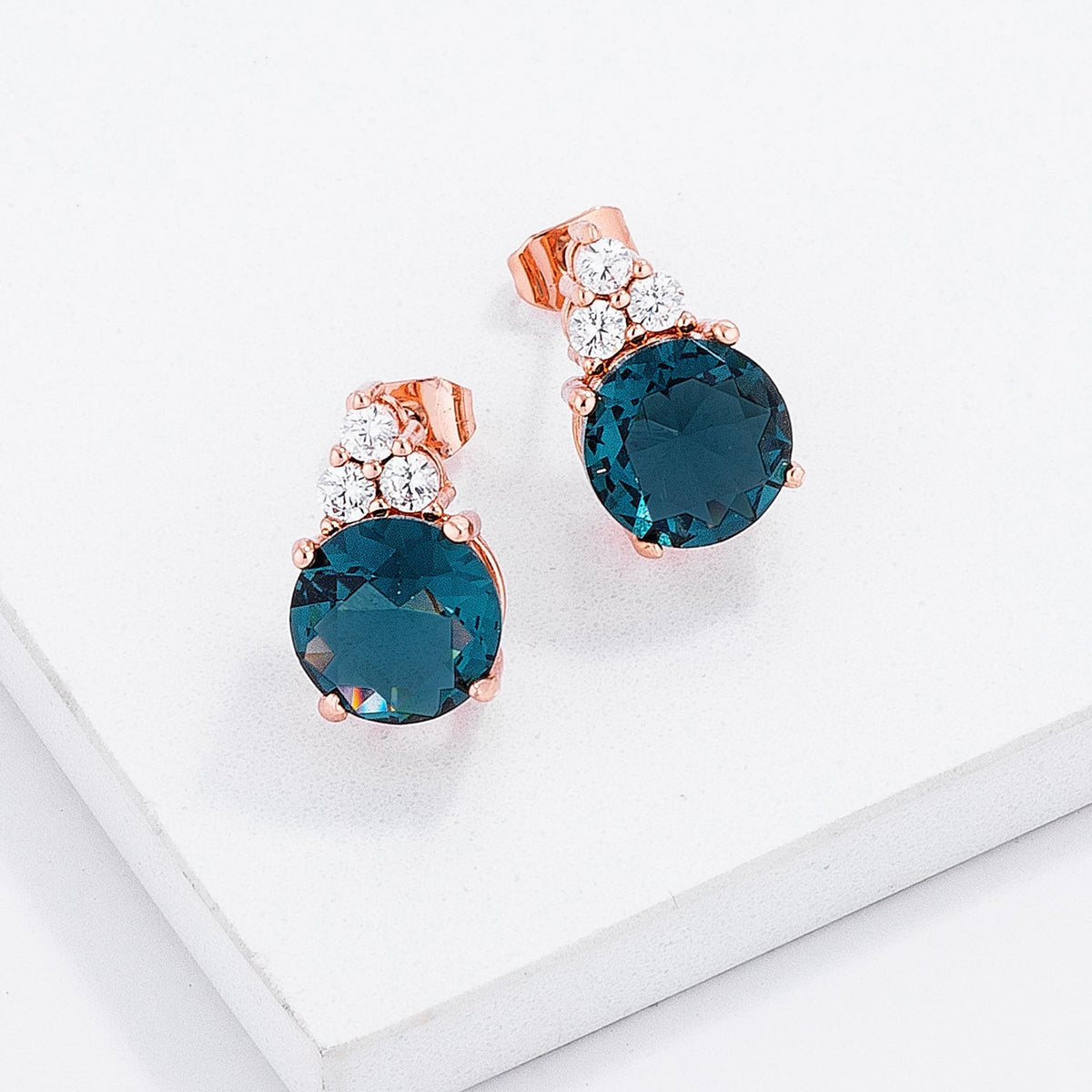 Simple Rose Gold Plated 9mm Blue Green CZ Stud Earring - LinkagejewelrydesignLinkagejewelrydesign